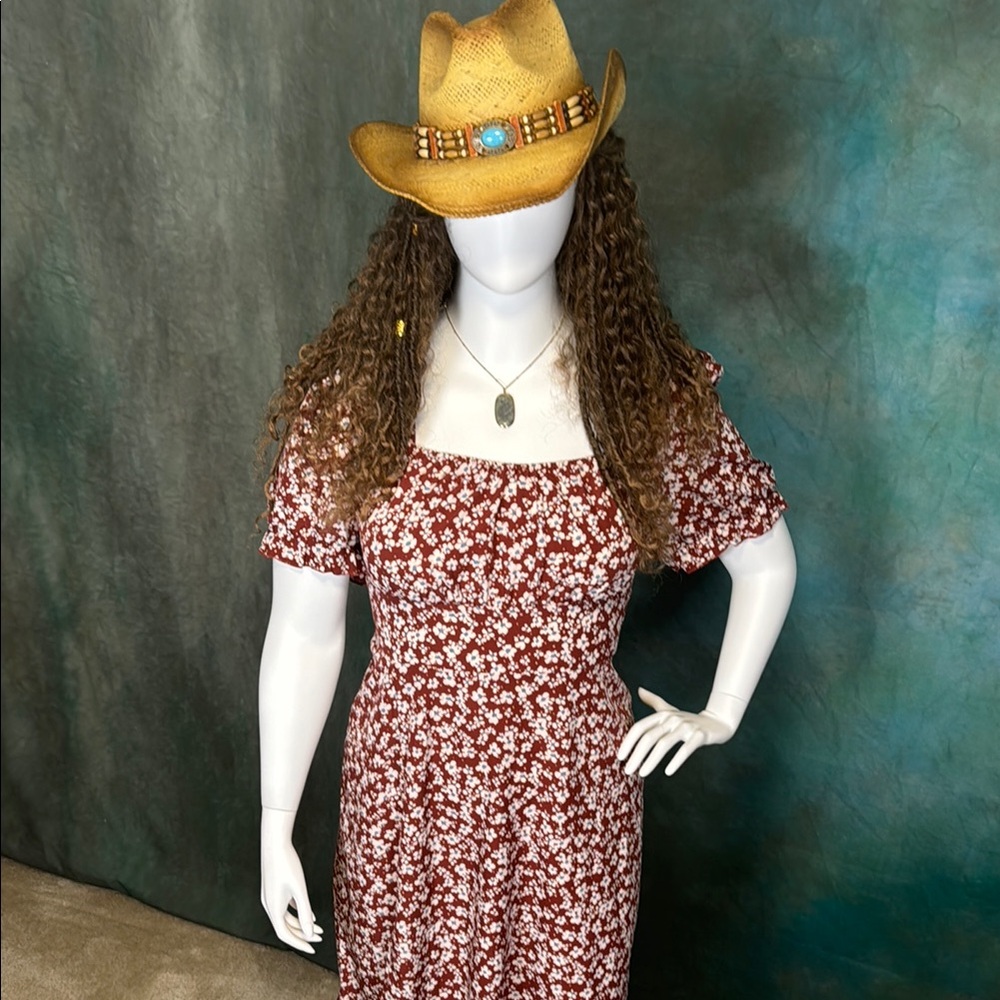 Rust Dress with White flowers and blue center